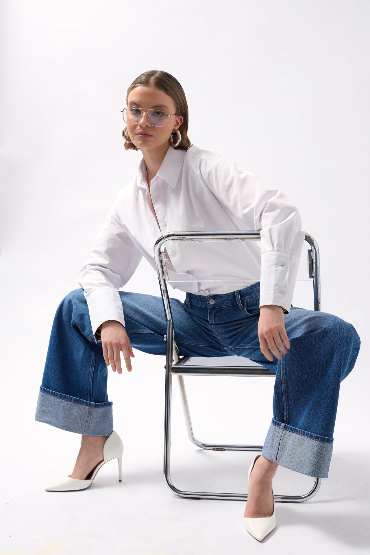 Folded Hem High Waist Blue Jeans
