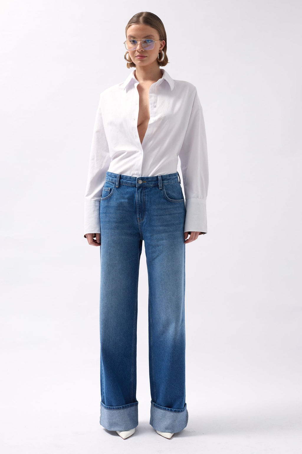 Folded Hem High Waist Blue Jeans
