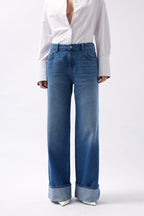 Folded Hem High Waist Blue Jeans