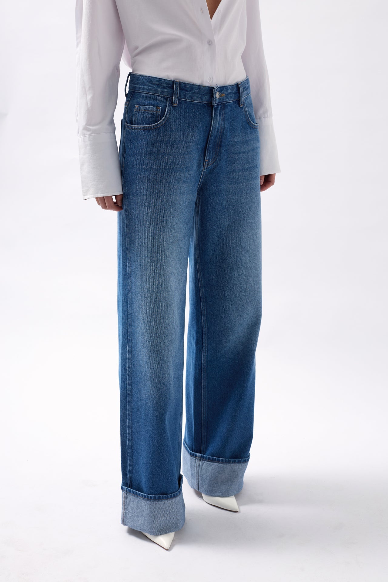 Folded Hem High Waist Blue Jeans