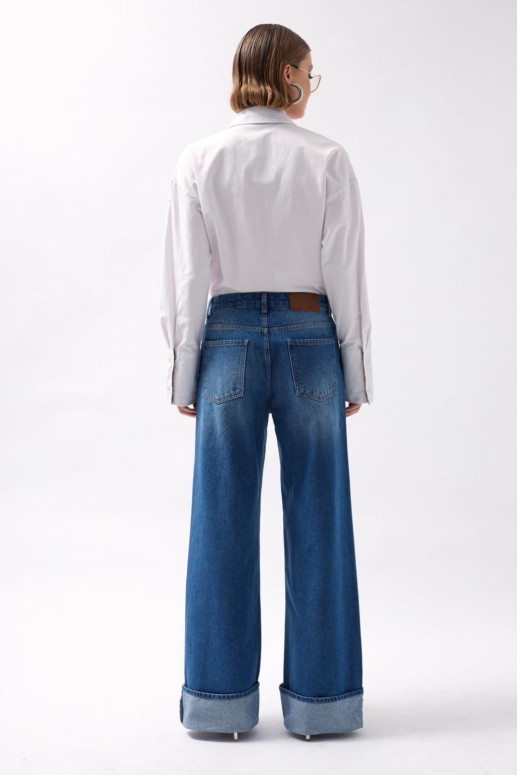 Folded Hem High Waist Blue Jeans