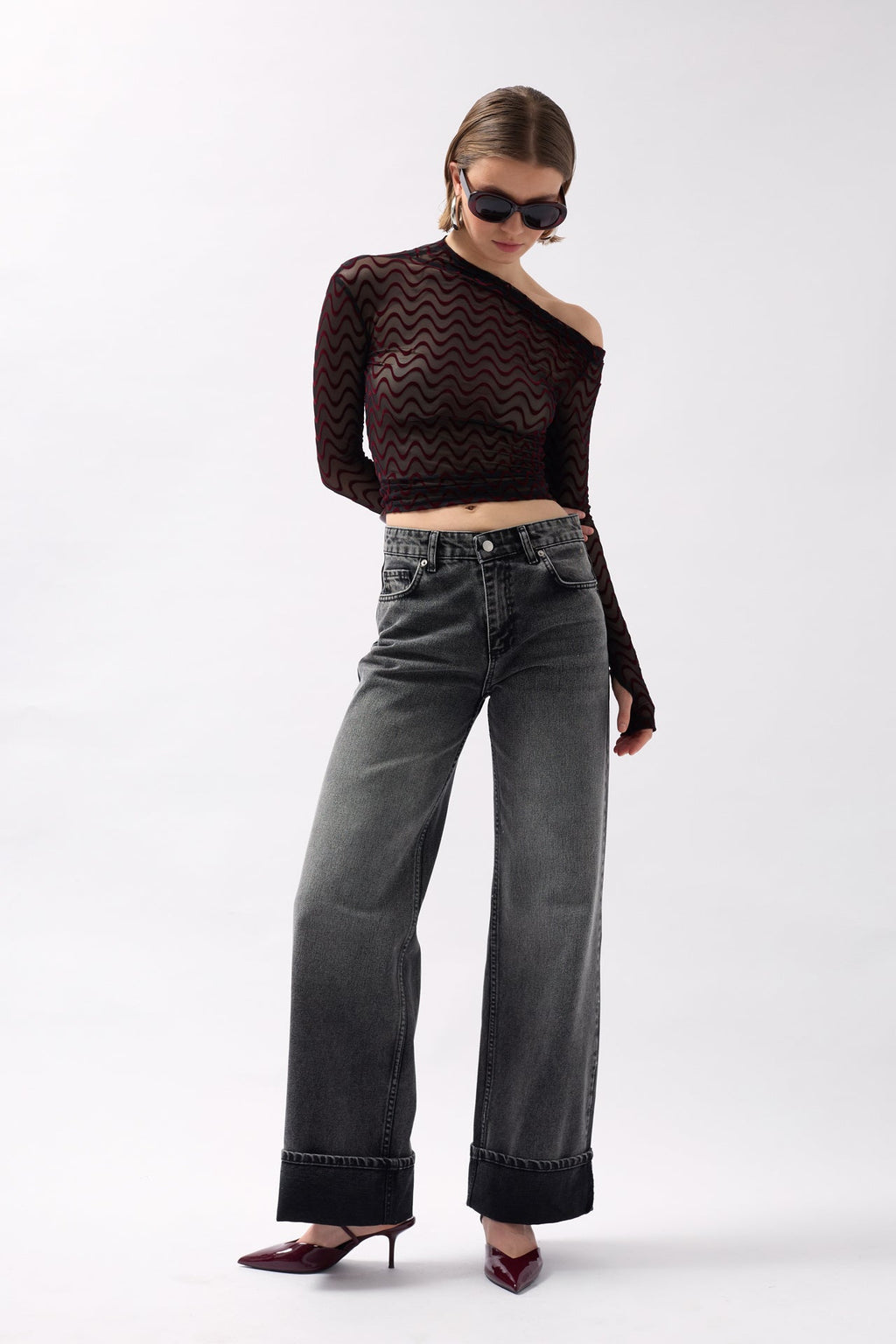 Folded Hem High Waist Black Jeans