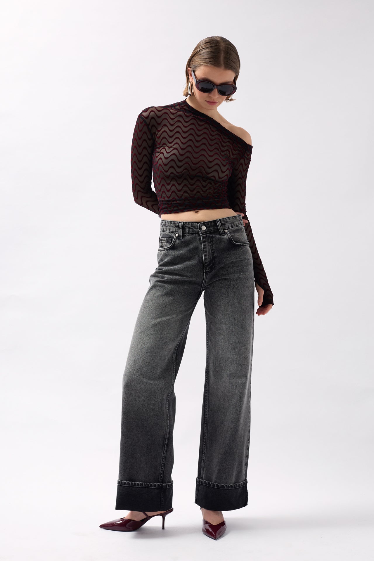 Folded Hem High Waist Black Jeans