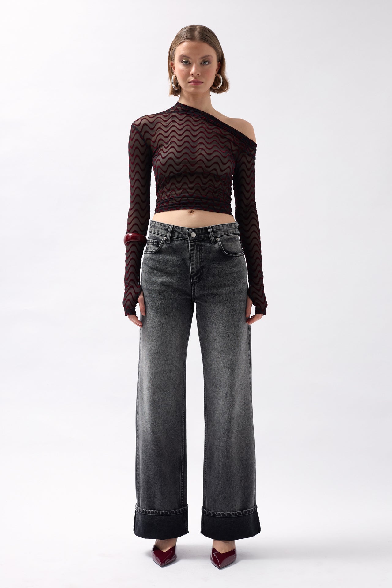 Folded Hem High Waist Black Jeans