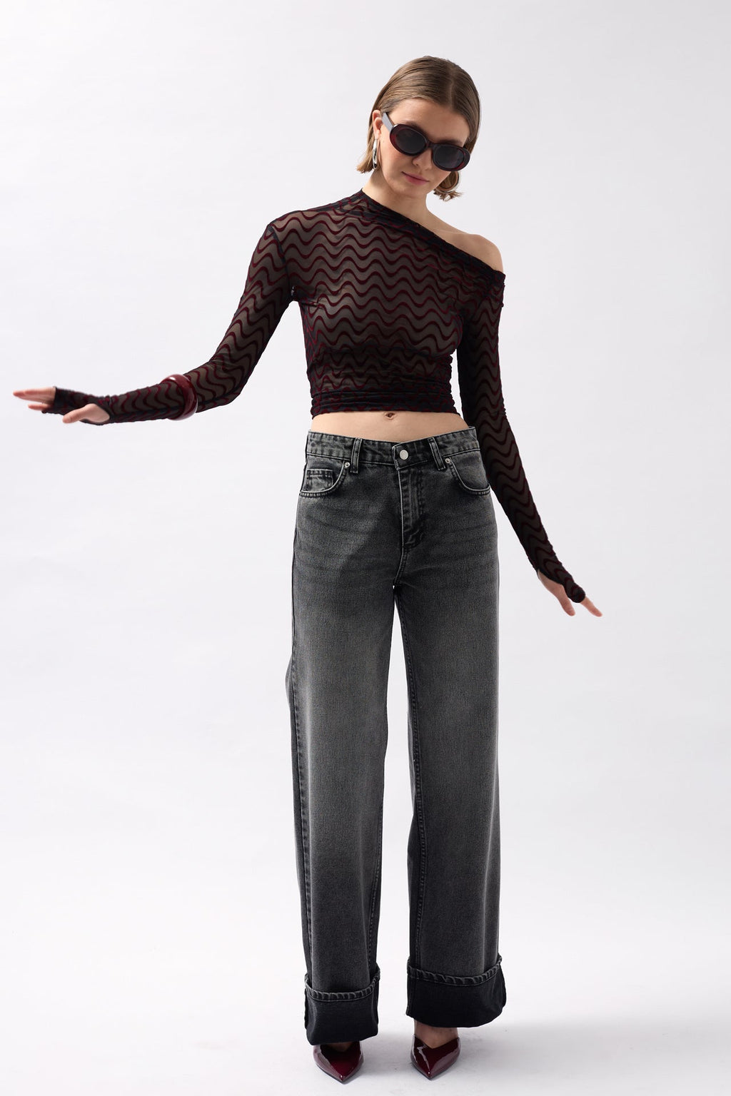 Folded Hem High Waist Black Jeans