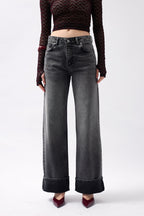 Folded Hem High Waist Black Jeans