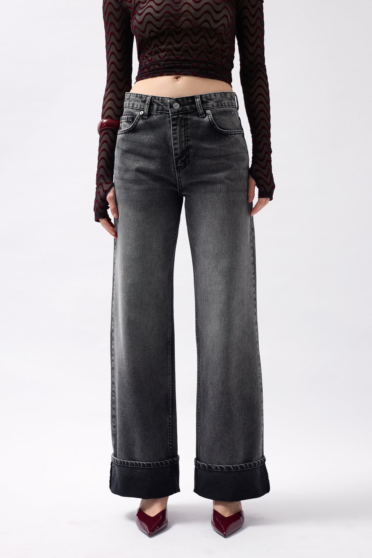 Folded Hem High Waist Black Jeans