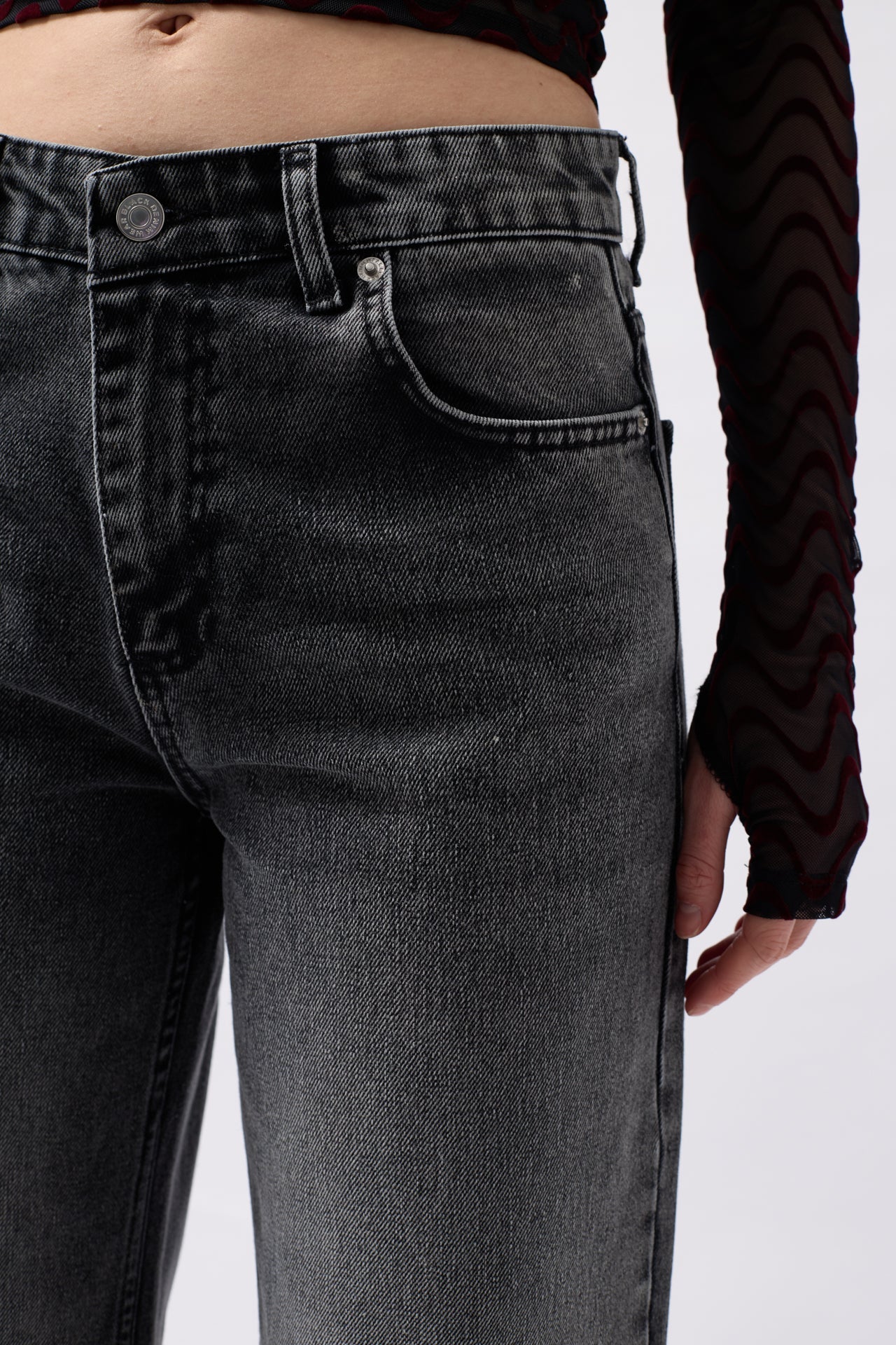 Folded Hem High Waist Black Jeans