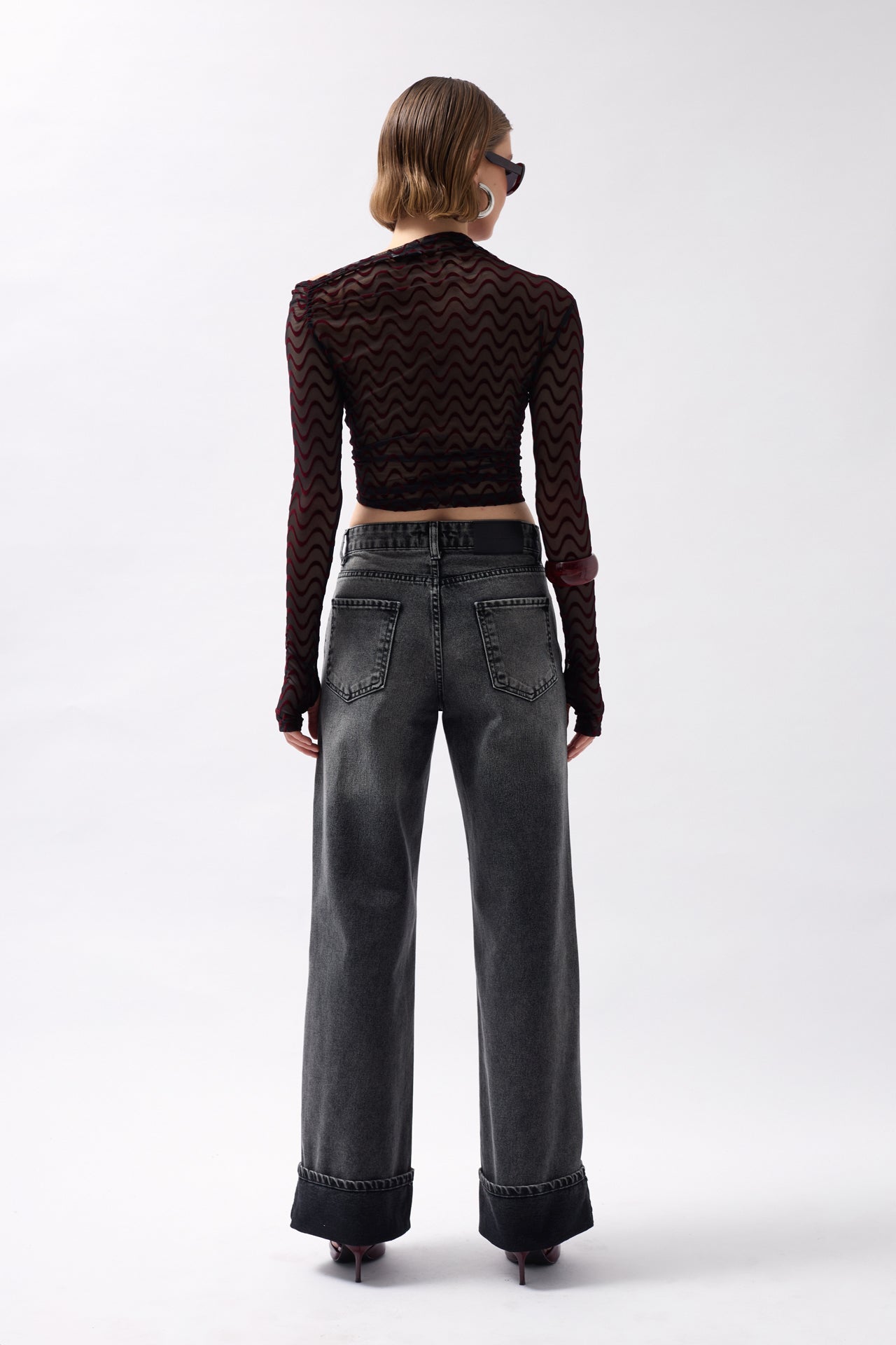Folded Hem High Waist Black Jeans