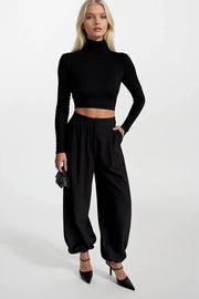 Hem Cuffed Black Pleated Trousers