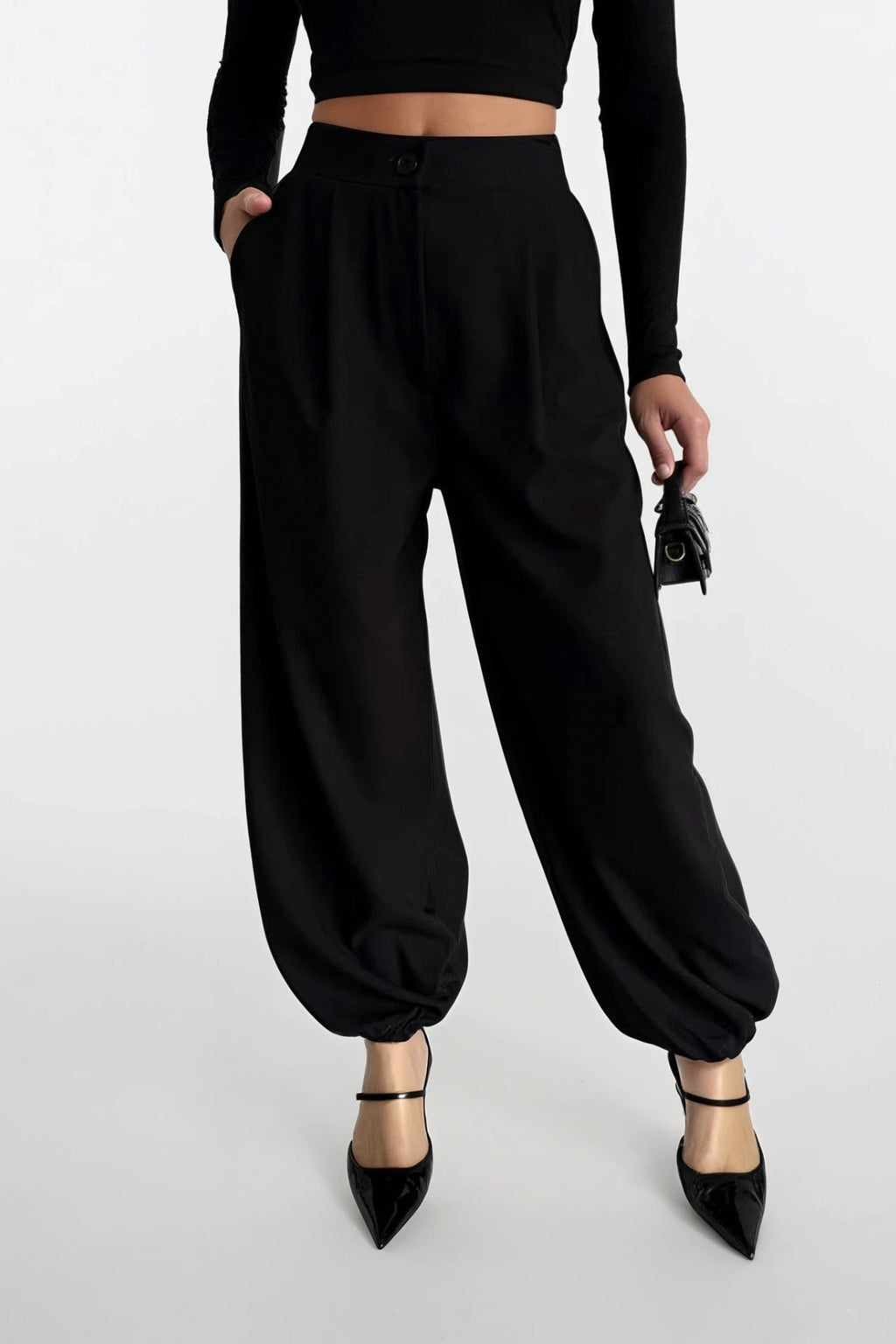Elastic Both Detail Black Pleated Pants