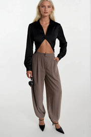 Mink Pleated Trousers with Ankle Elastic Detail