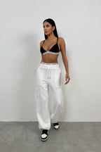Hem Elastic Cargo Pocket White Sweatpants Bottom