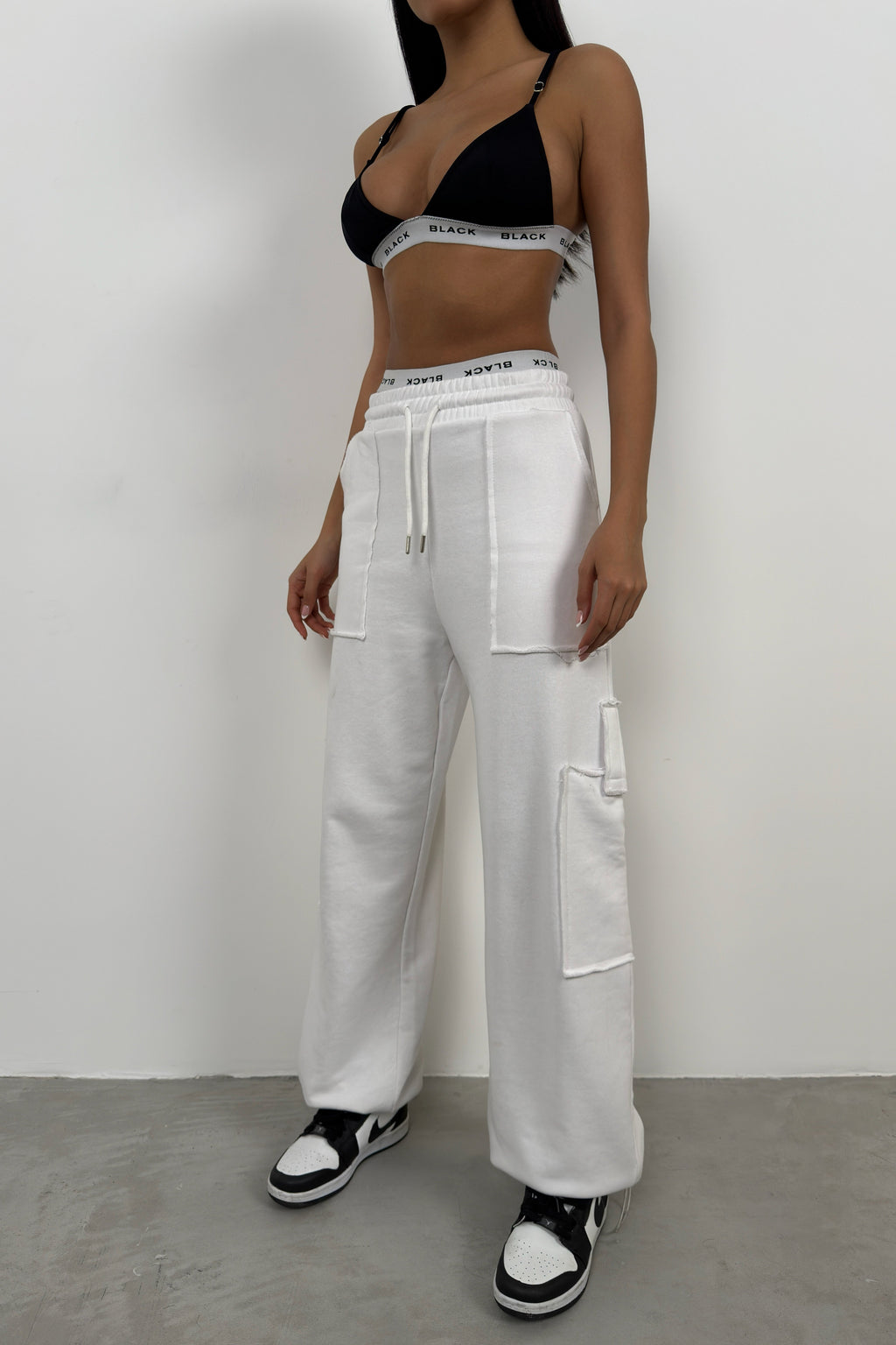Hem Elastic Cargo Pocket White Sweatpants Bottom
