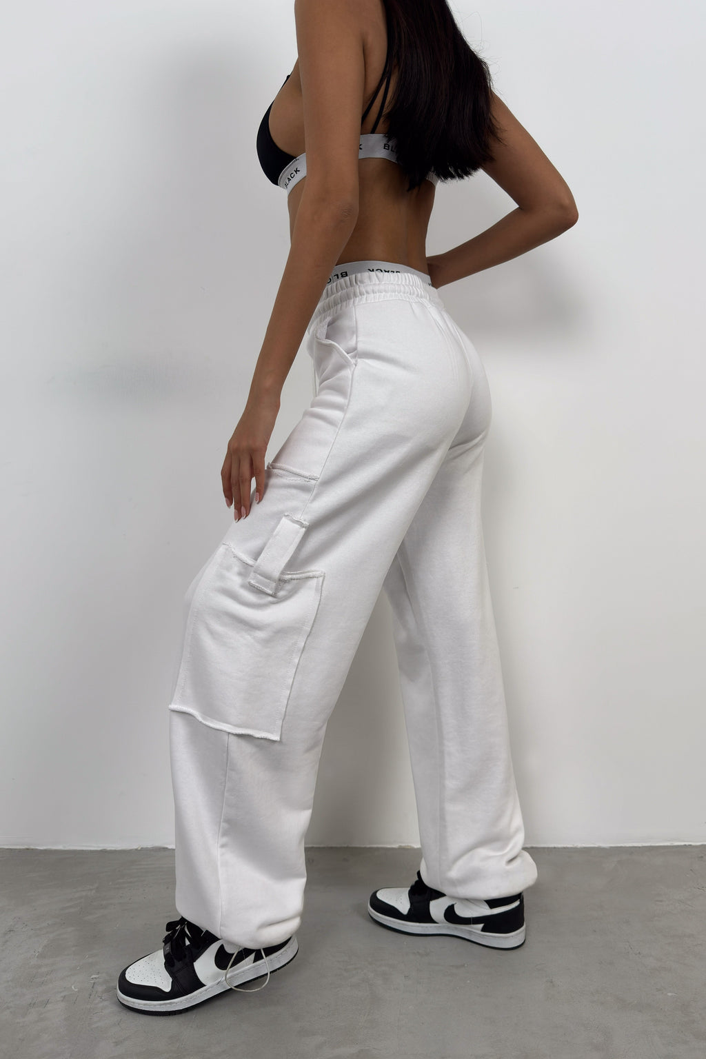 Hem Elastic Cargo Pocket White Sweatpants Bottom