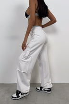 Hem Elastic Cargo Pocket White Sweatpants Bottom