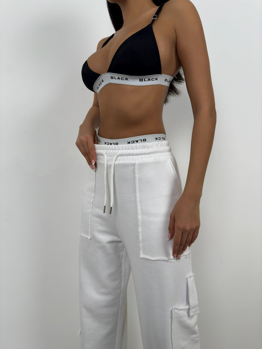 Hem Elastic Cargo Pocket White Sweatpants Bottom