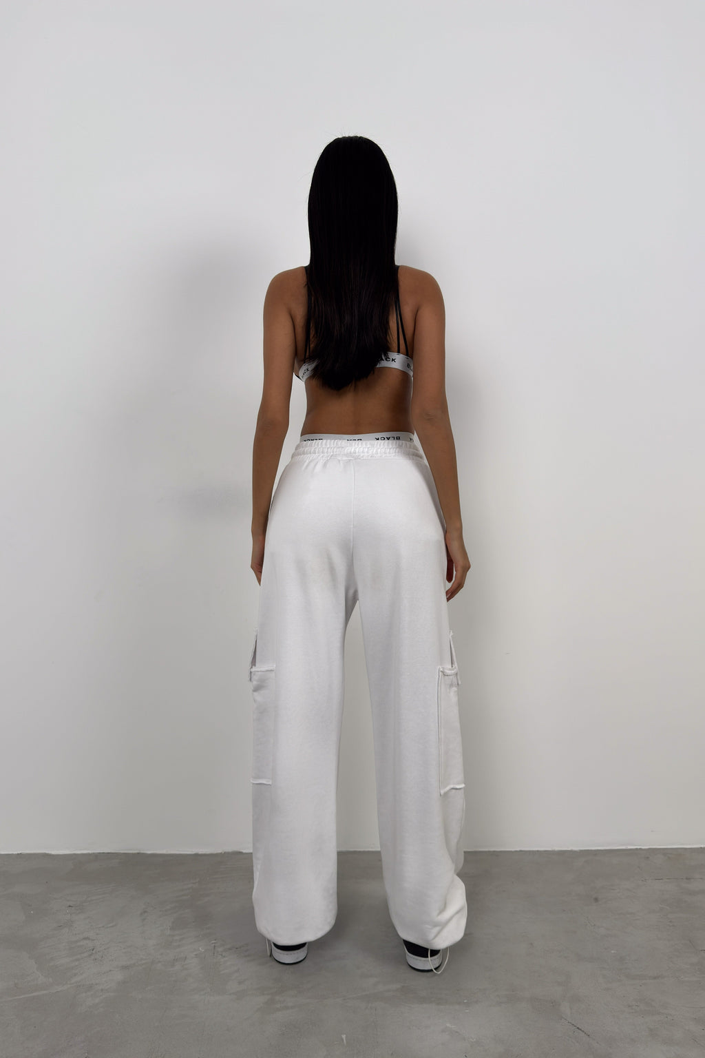 Hem Elastic Cargo Pocket White Sweatpants Bottom