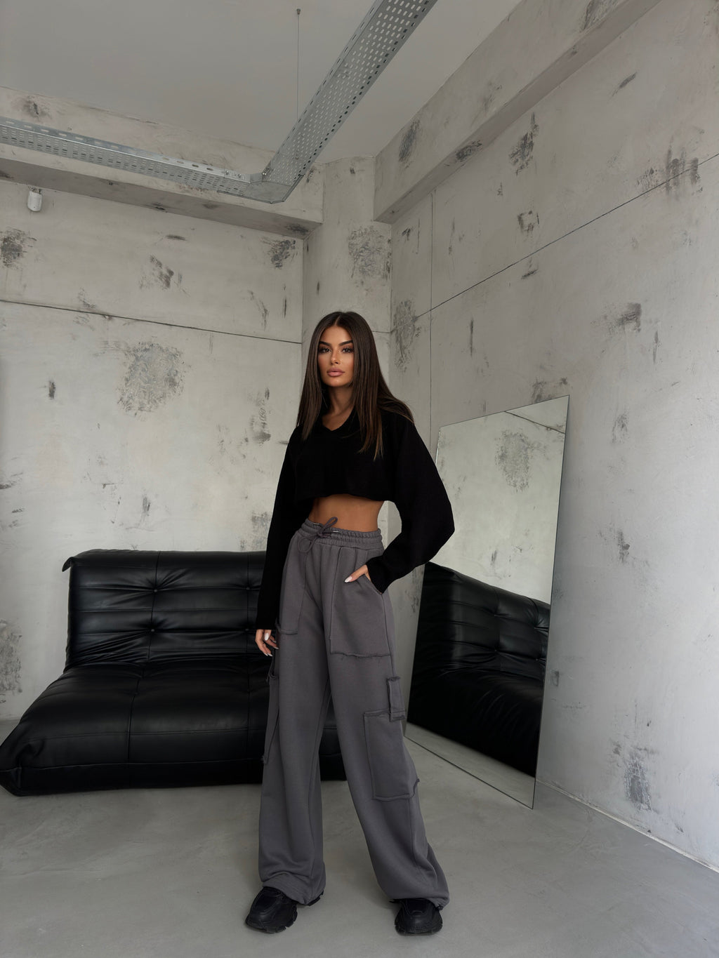 Elastic Cuff Cargo Pocket Gray Sweatpants