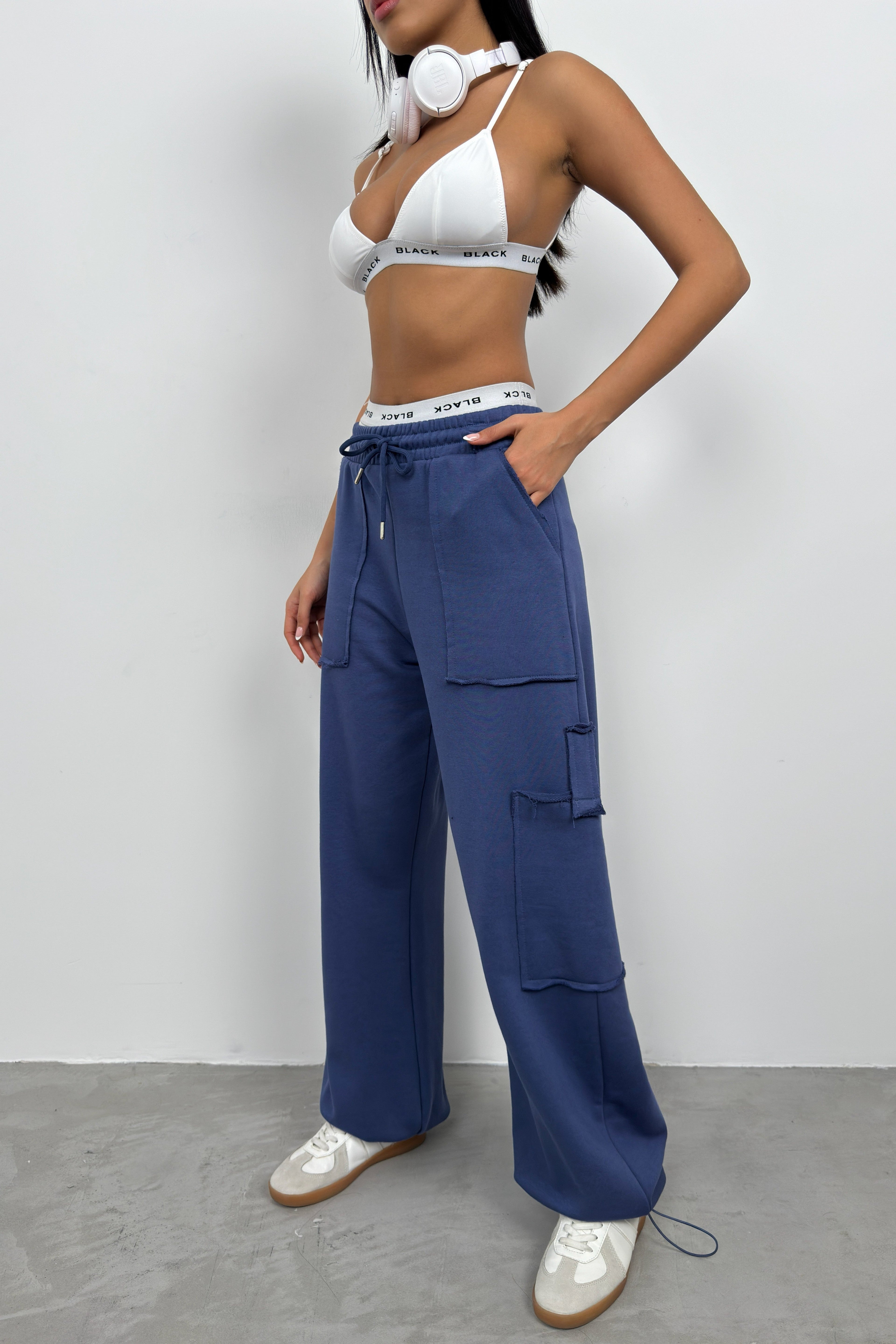 Elastic Cuff Cargo Pocket Navy Sweatpants
