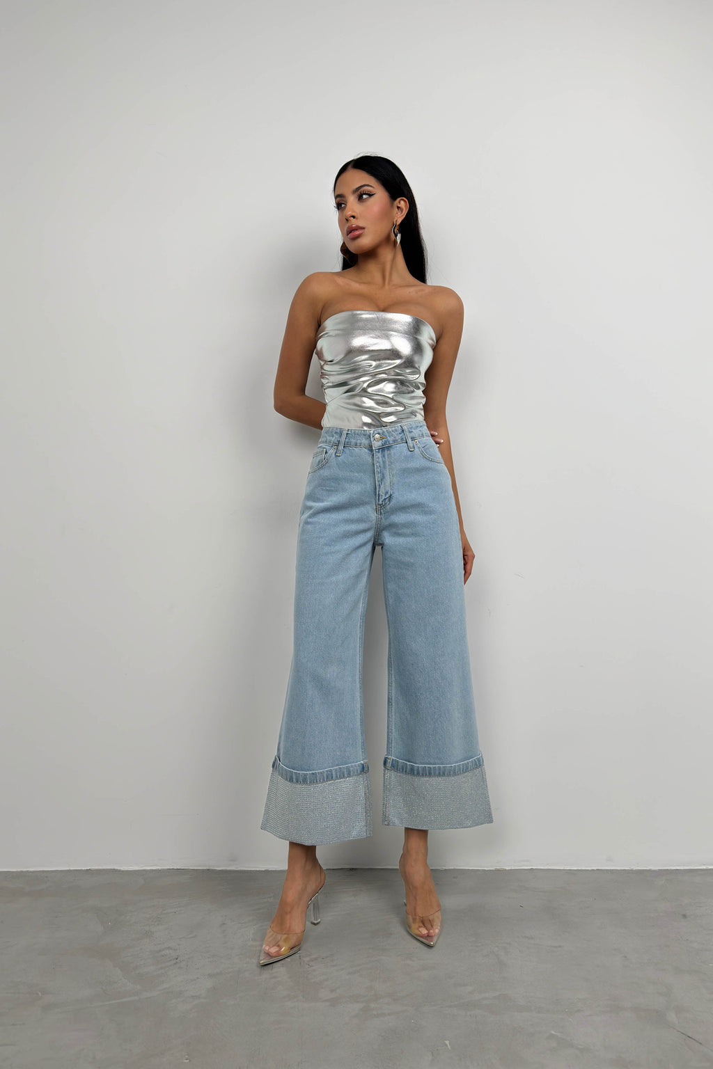 Rhinestone Hem Detail Blue Jeans