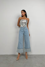 Rhinestone Hem Detail Blue Jeans