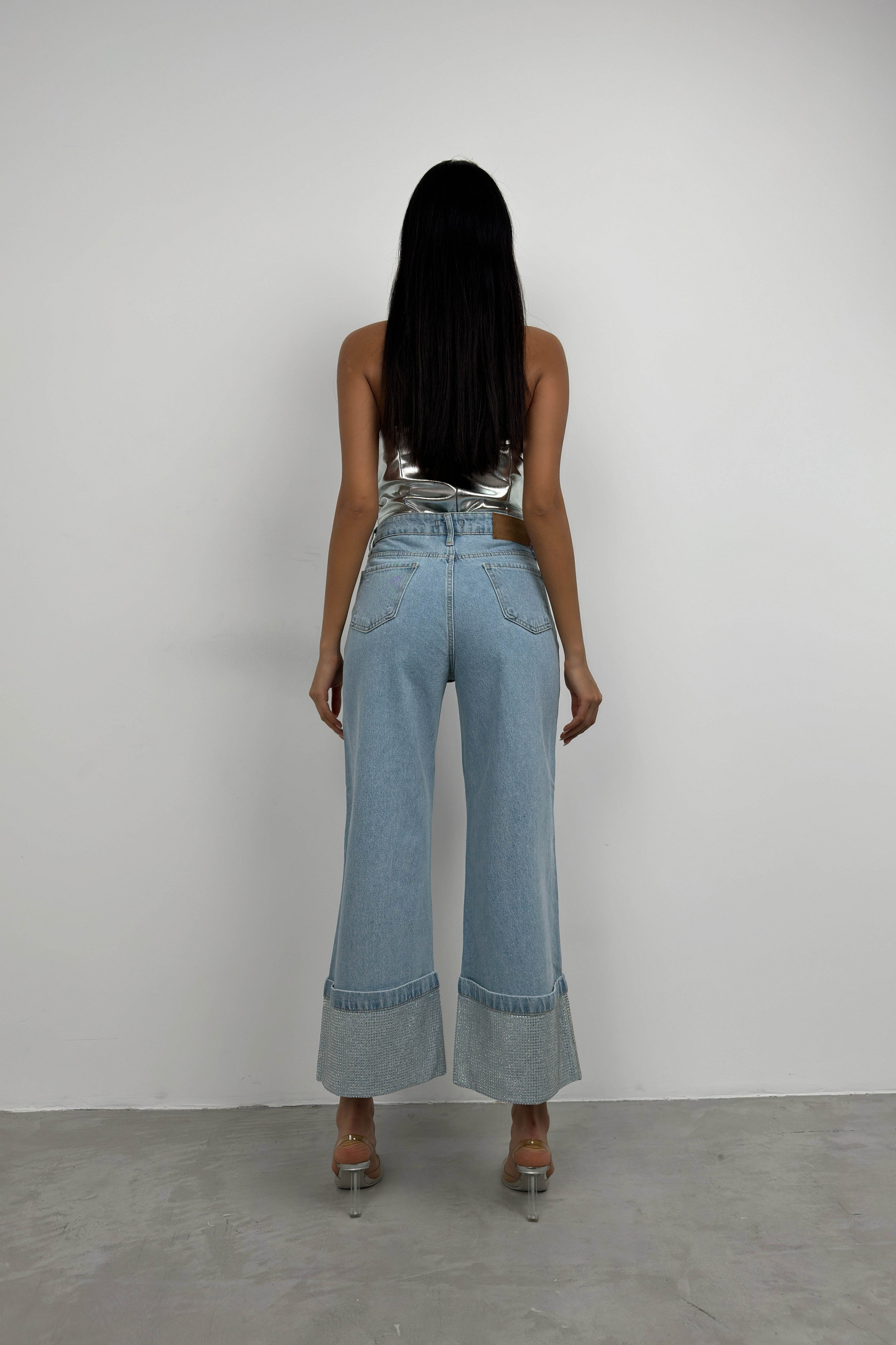 Rhinestone Hem Detail Blue Jeans