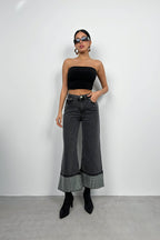 Rhinestone Hem Detail Gray Jeans