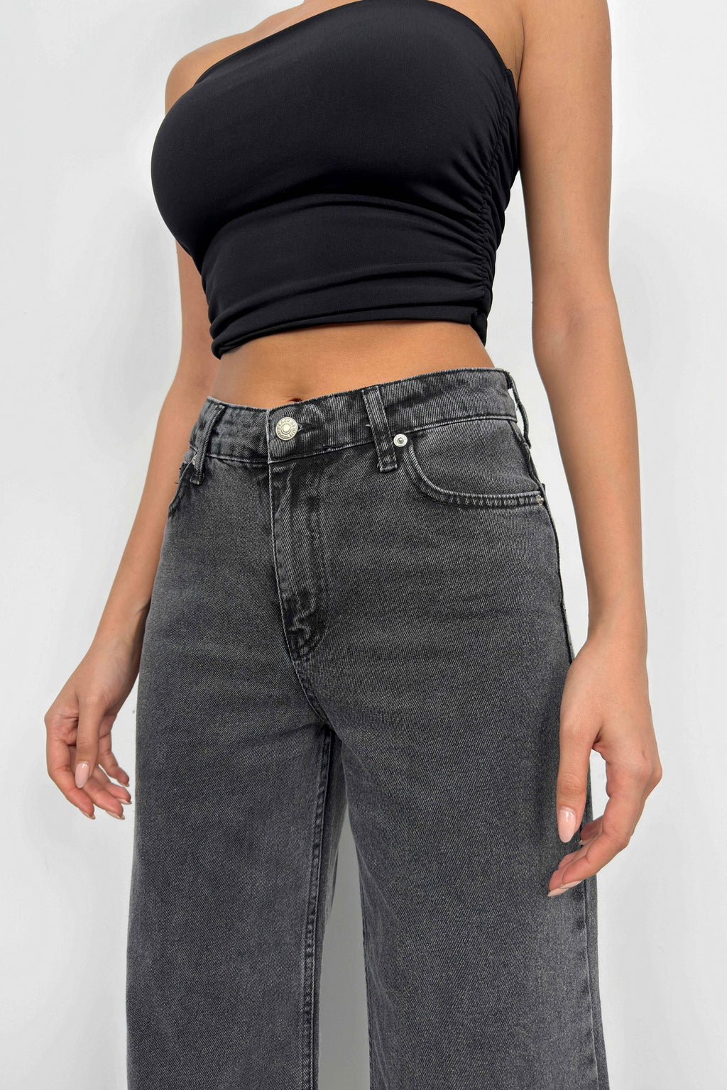 Rhinestone Hem Detail Gray Jeans