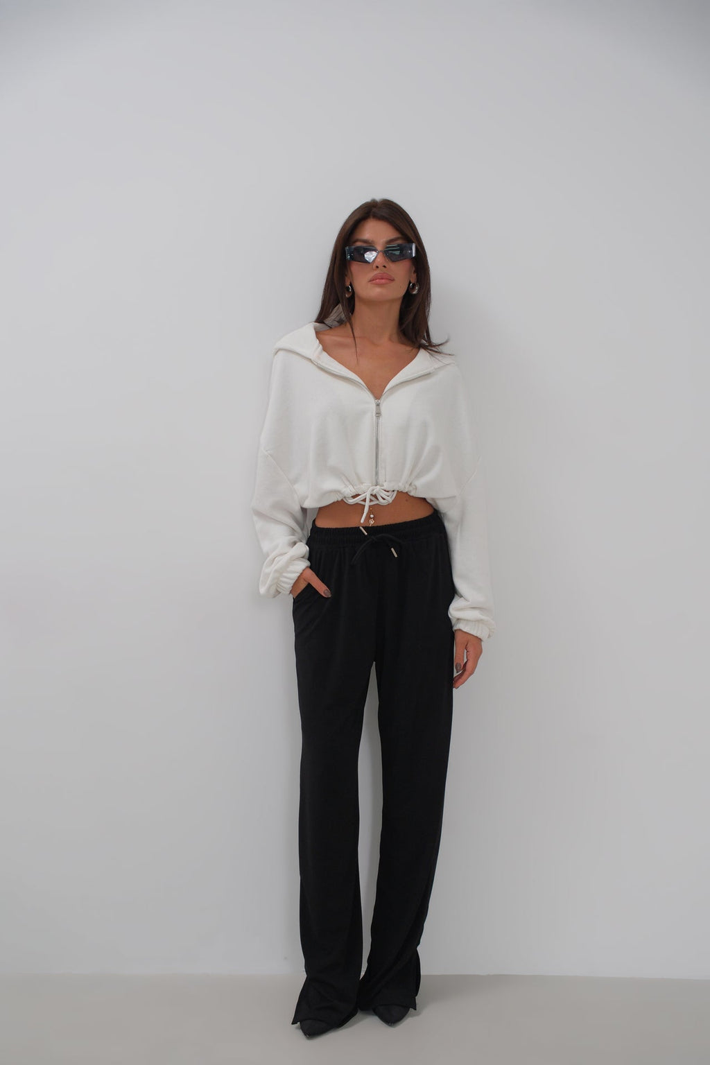 Hem Slit Detail Elastic Waist Black Pants