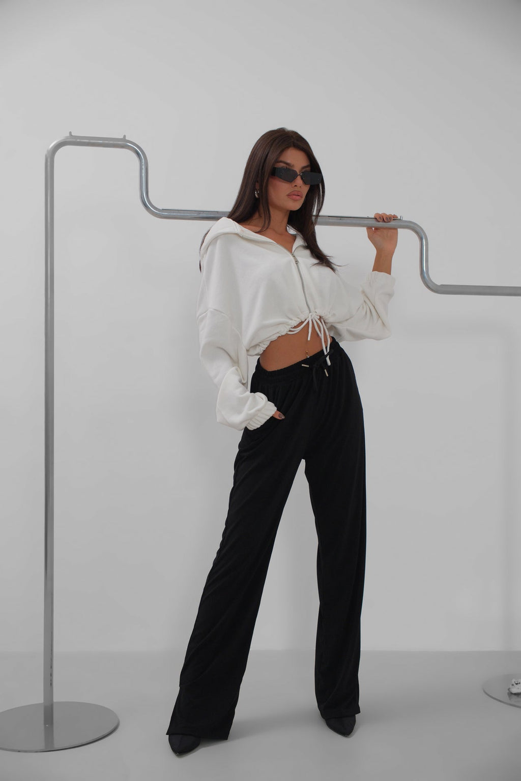 Hem Slit Detail Elastic Waist Black Pants