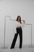 Hem Slit Detail Elastic Waist Black Pants