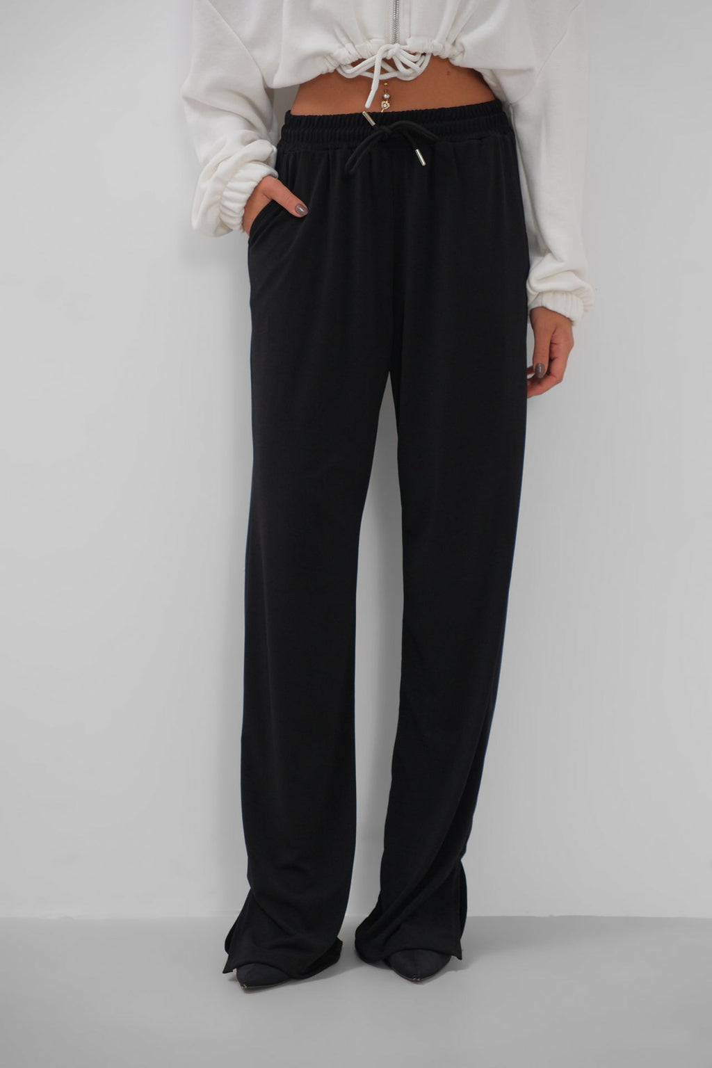 Hem Slit Detail Elastic Waist Black Pants