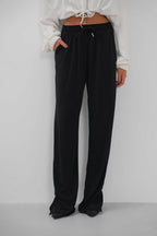 Hem Slit Detail Elastic Waist Black Pants