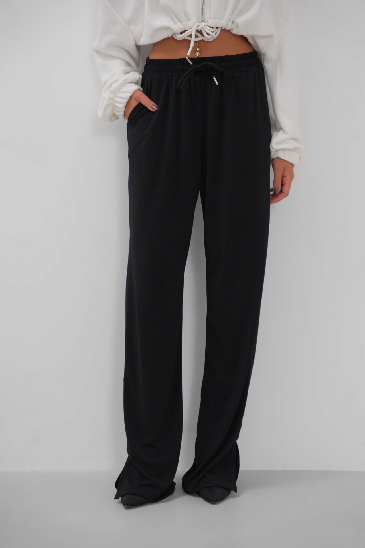 Hem Slit Detail Elastic Waist Black Pants