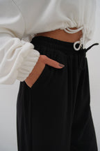 Hem Slit Detail Elastic Waist Black Pants