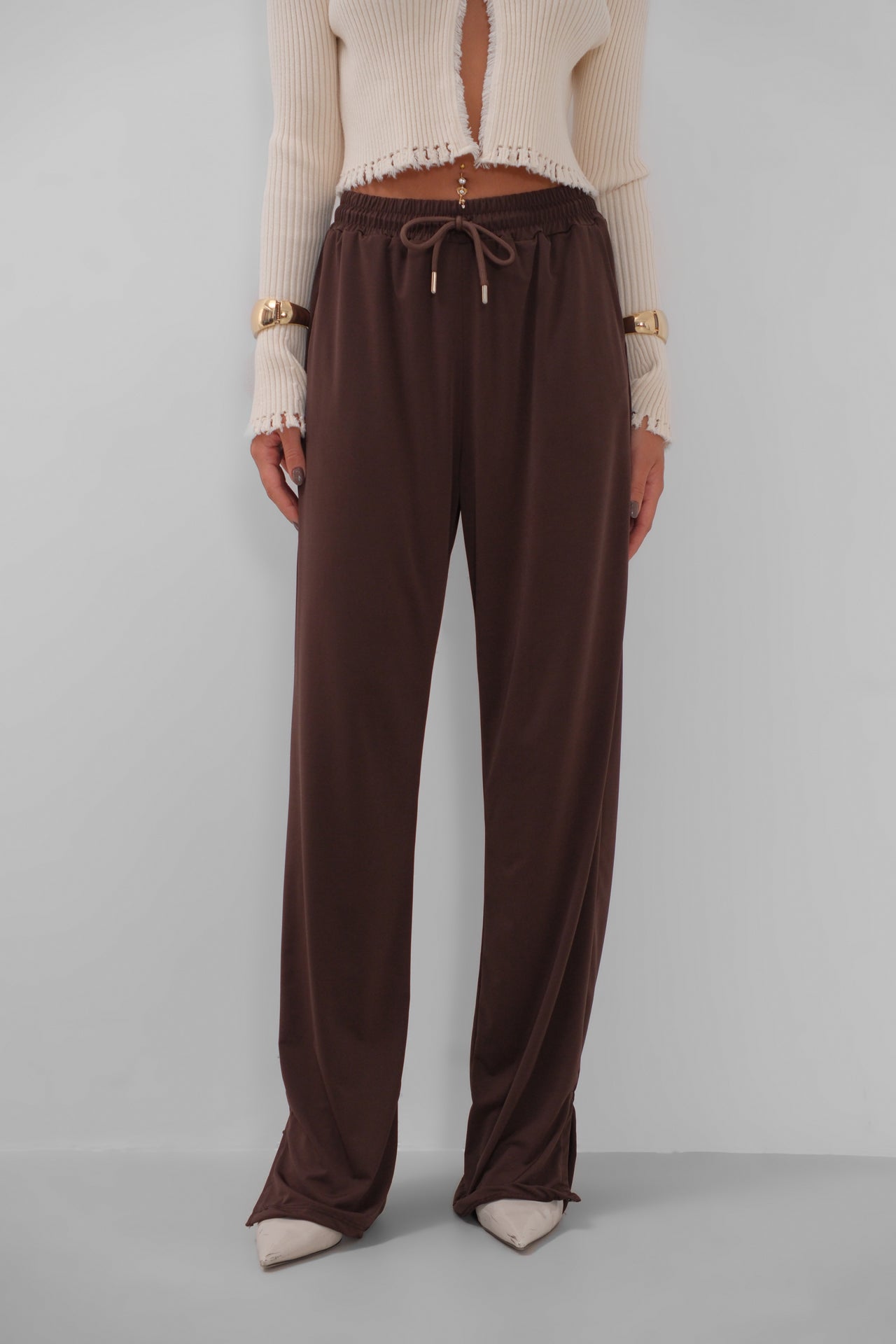 Leg Slit Detail Elastic Waist Burgundy Pants