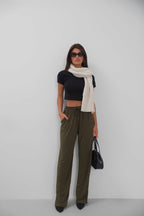 Hem Slit Detail Elastic Waist Khaki Pants
