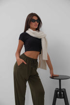 Hem Slit Detail Elastic Waist Khaki Pants