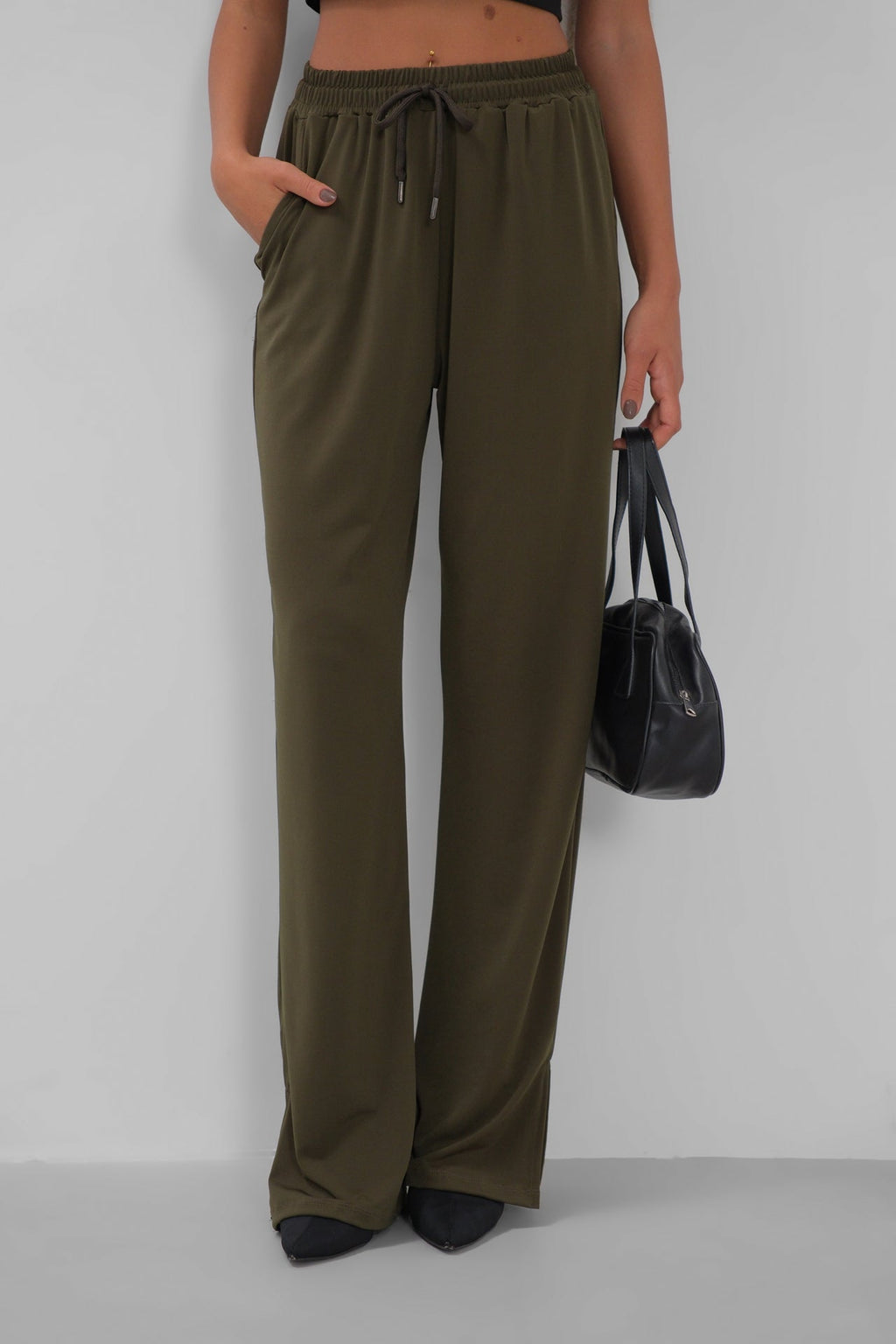 Hem Slit Detail Elastic Waist Khaki Pants