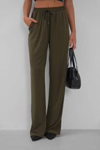 Hem Slit Detail Elastic Waist Khaki Pants
