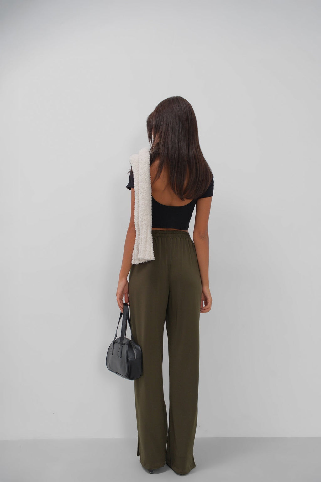 Hem Slit Detail Elastic Waist Khaki Pants