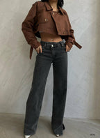 Slit Hem Asimetrik Belt Detail Gray Jeans