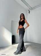 Slit Hem Asimetrik Belt Detail Gray Jeans