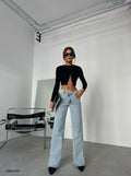 Slit Hem Asimetrik Belt Detail Light Blue Jeans
