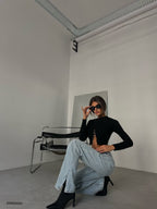 Slit Hem Asimetrik Belt Detail Light Blue Jeans