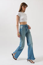 Slit Hem High Waist Blue Jeans