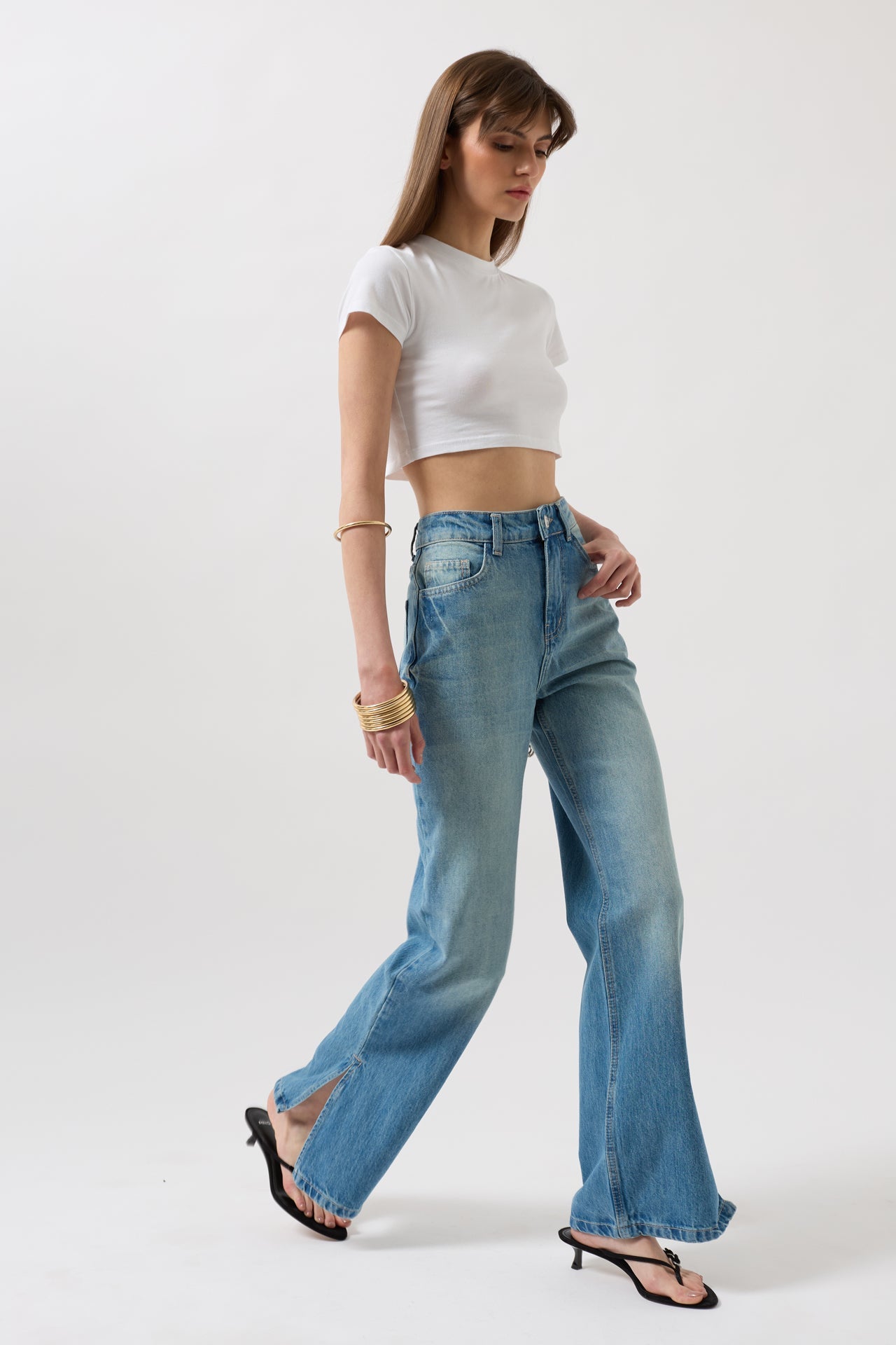 Slit Hem High Waist Blue Jeans