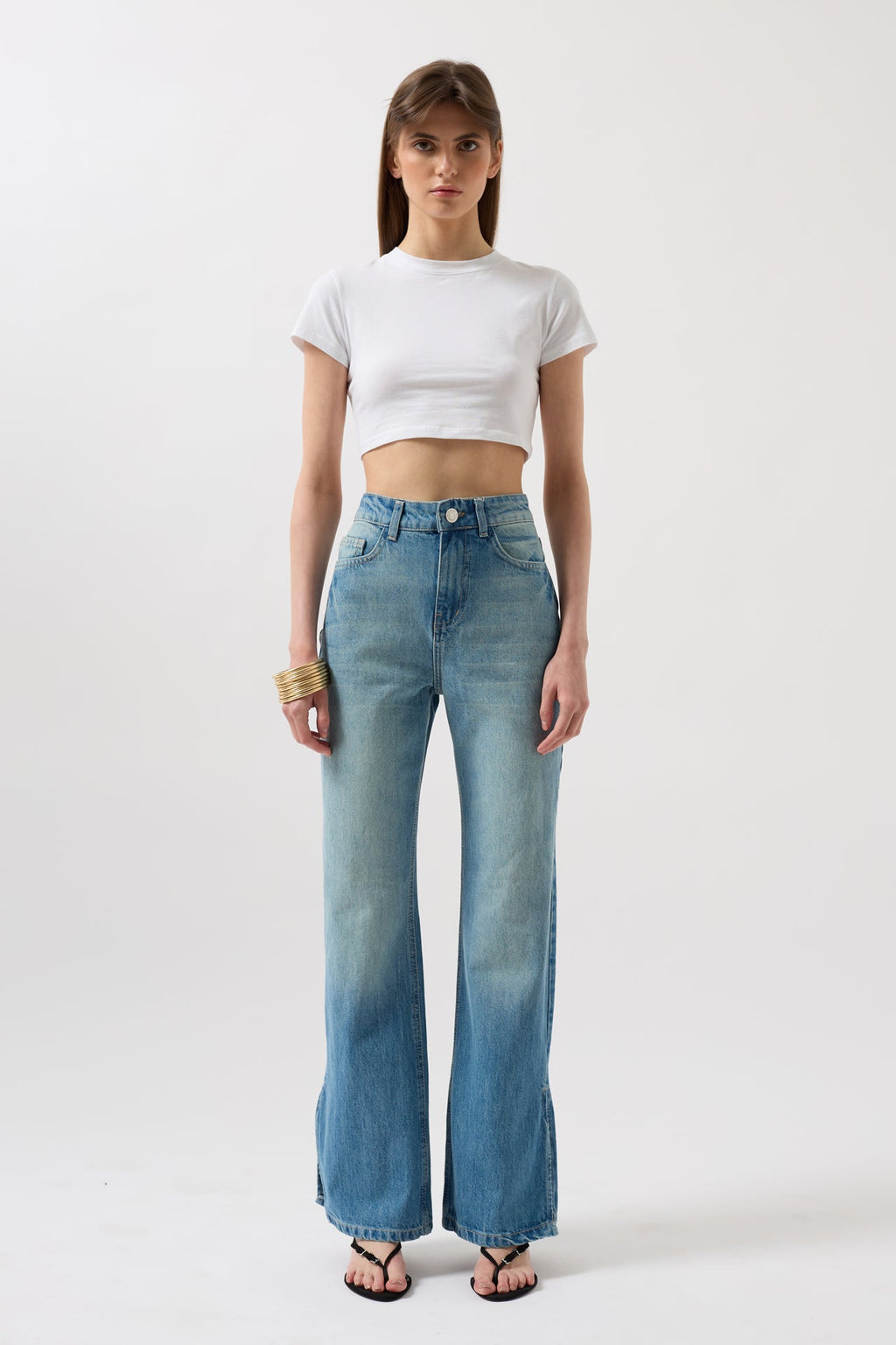 Slit Hem High Waist Blue Jeans