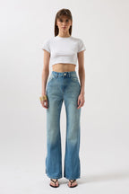 Slit Hem High Waist Blue Jeans